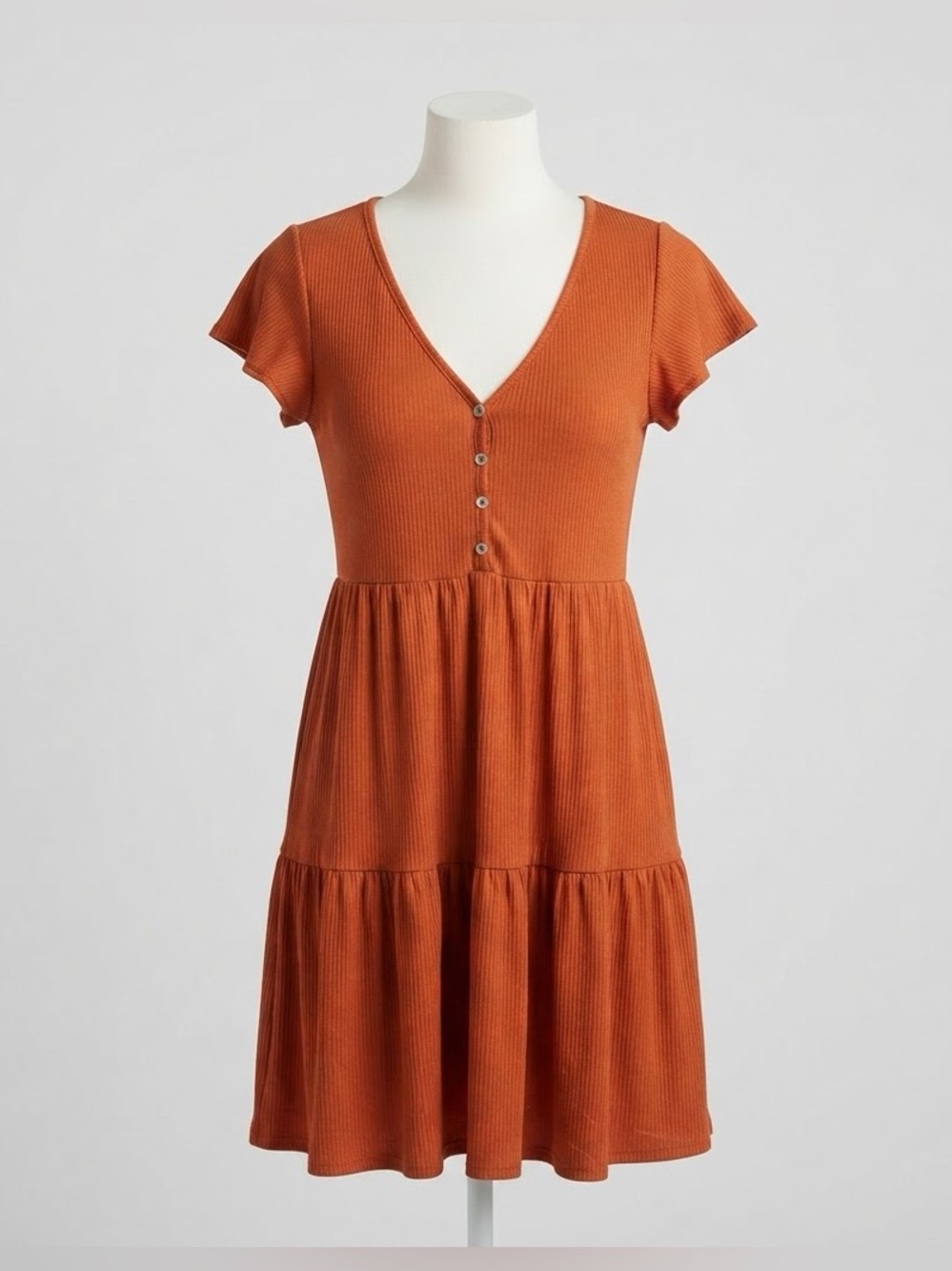 See You Monday Rust Button-Front Tiered Midi Baby Doll Ribbed Dress XL